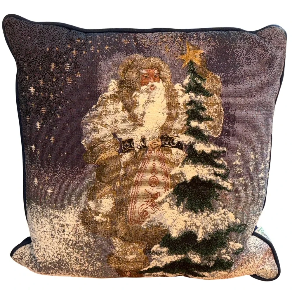 Riverdale Vintage Old World Santa Claus Tapestry Christmas Pillow Blue 16x16